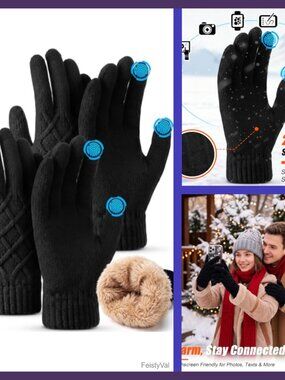 Knit Fleece Lined Touchscreen Thermal Winter Gloves 2 Pairs